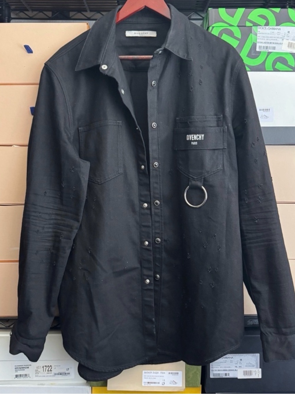 Givenchy Distressed Denim Shirt with Pocket Ring Detail